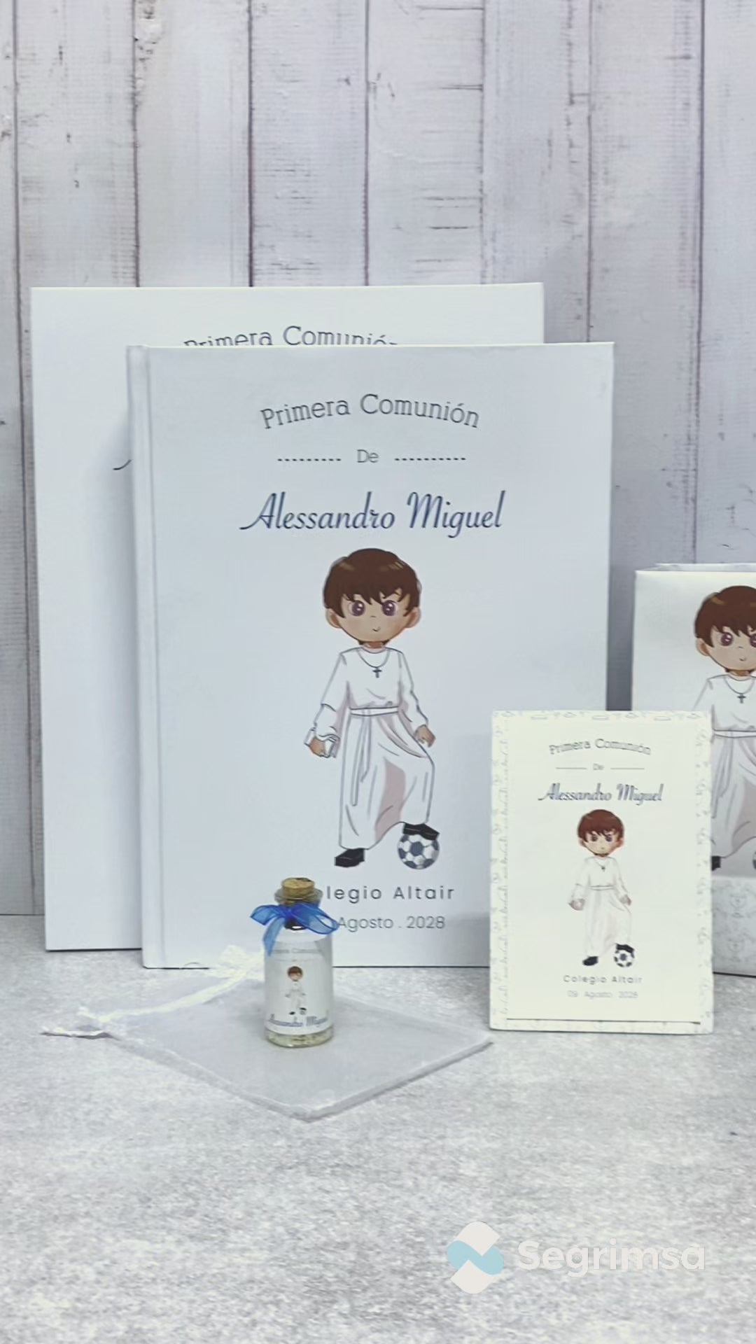 Pack Primera Comunión: Estampas + album de estampas + bolsa personalizada + agua bendita